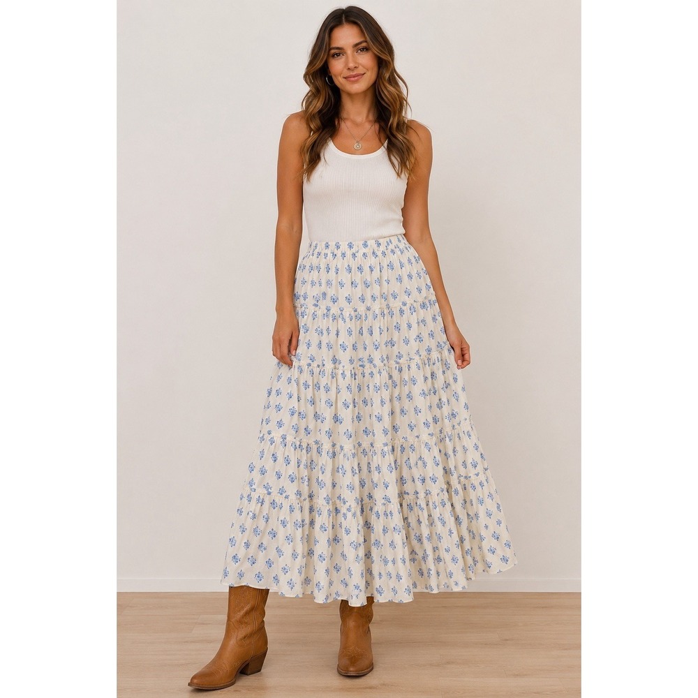 Ralph Lauren Denim & Supply Blue Floral Tiered Maxi Skirt Womens XL Boho 2
